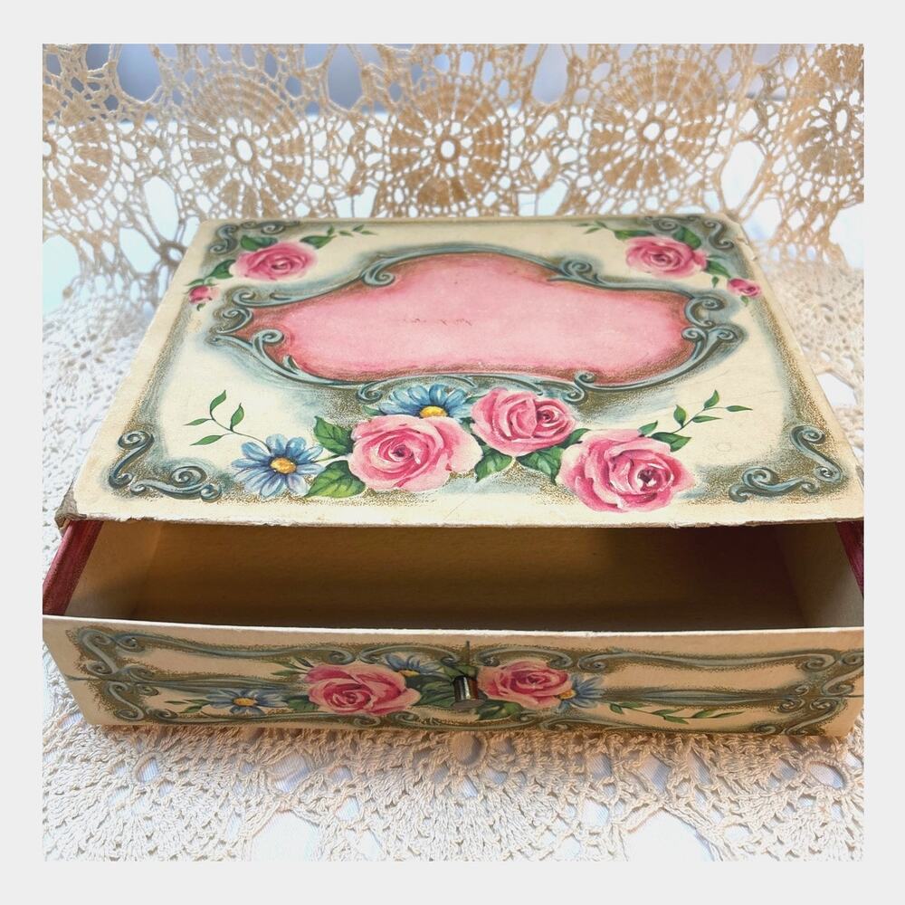 Antique Chocolate Candy Box With Roses Pink Blue Cardboard French Style Gift Box